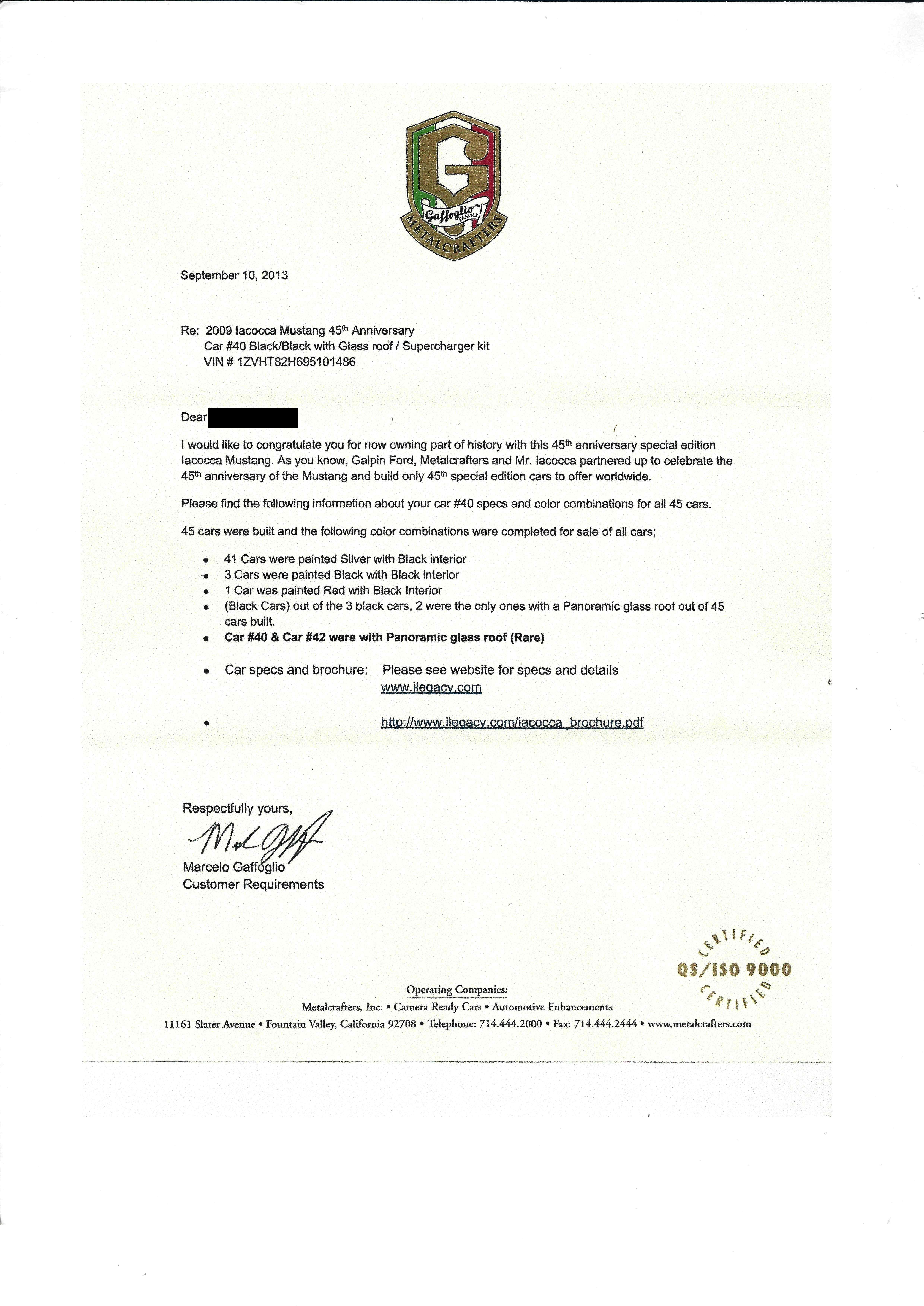 Gaffoglio Family Metalcrafters letter of September 10, 2013, addressee masked; copy supplied by the owner of car No. 40