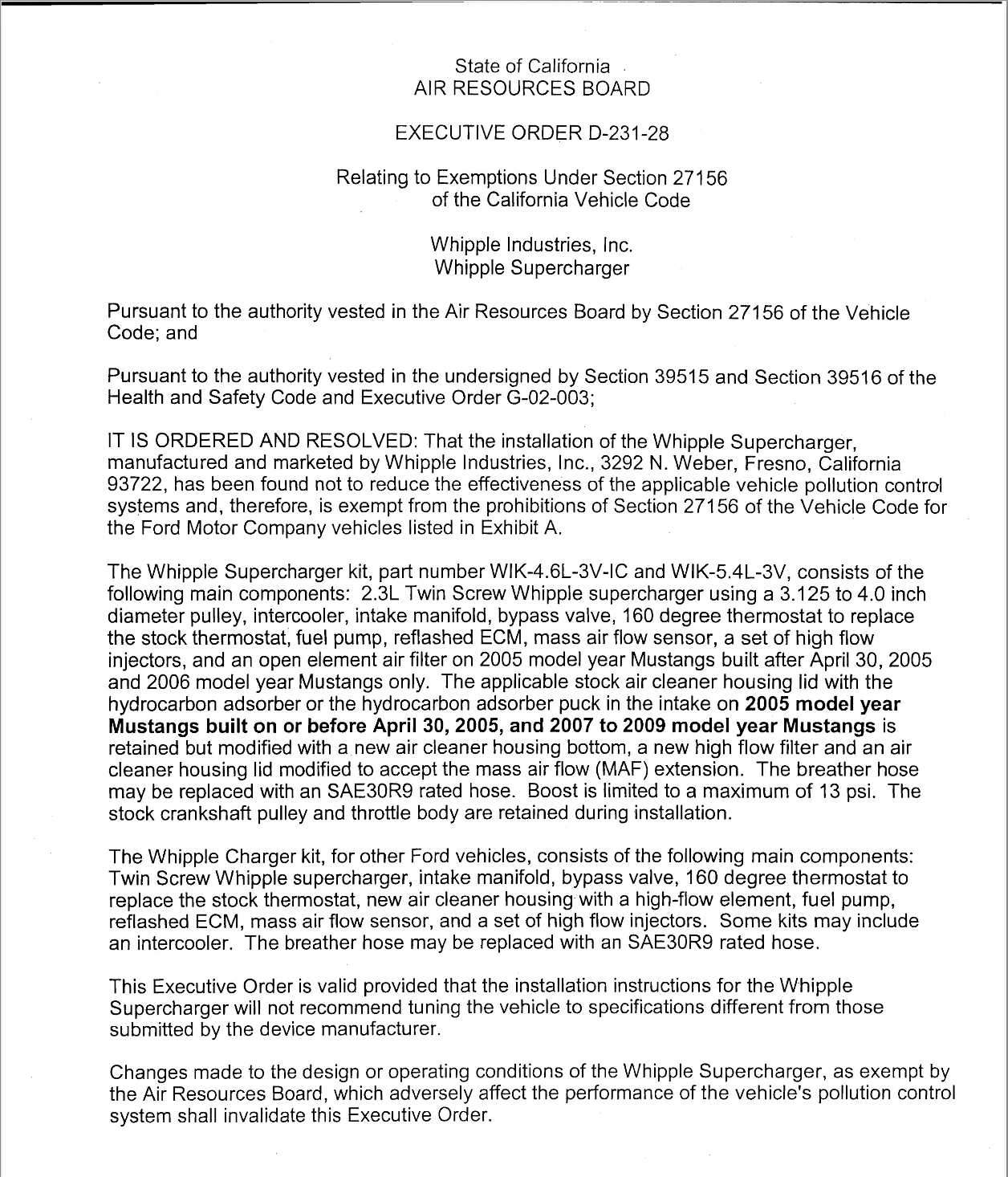 Whipple Supercharger CARB Executive Order D-231-28
